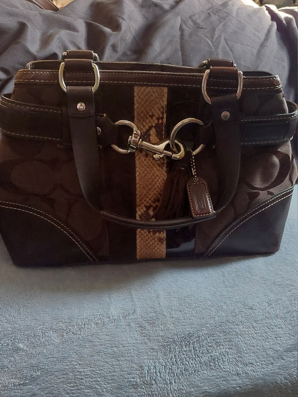 Brown Signature Satchel with Mixed Leather & Snakeskin Accent